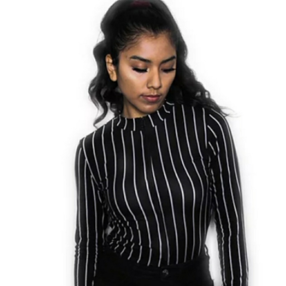(NEW) Front Zipper Stripped Bodysuit